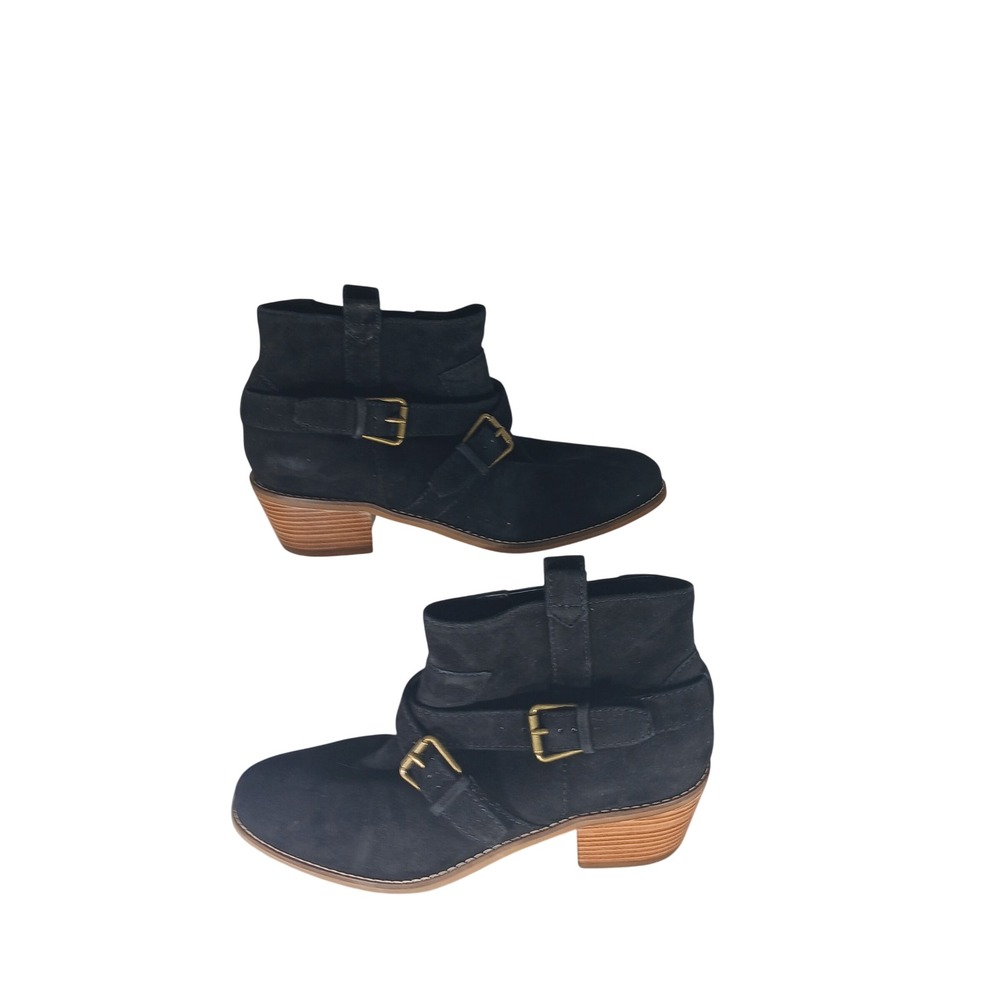 Cole Haan Grand.OS Suede Ankle Boots 7.5 Black Buckle Moto Stacked Heel W16473